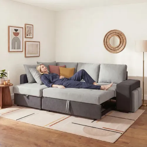 Canapé d'angle convertible gauche EVERY tissu gris foncé et gris clair