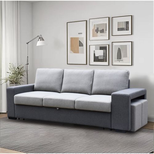 Canapé convertible 3 places + poufs BANCO tissu gris clair / gris foncé