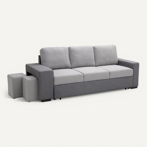 Canapé convertible 3 places + poufs BANCO tissu gris clair / gris foncé vue 3/4