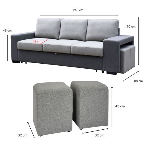 Canapé convertible 3 places + poufs BANCO tissu gris clair / gris foncé