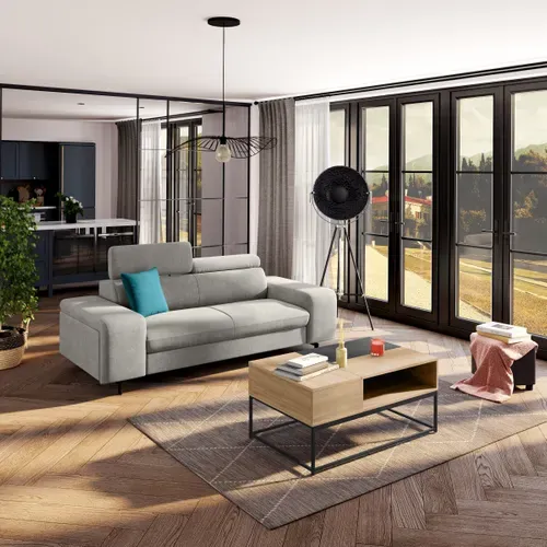 Table basse plateau relevable VINCENTE Imitation chêne / noir vue d'ambiance 1