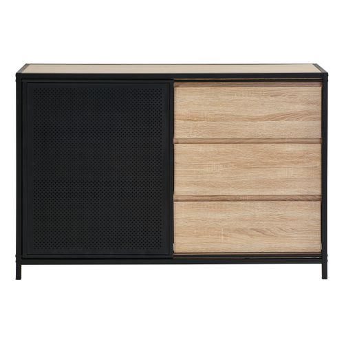 Commode 3 tiroirs 1 porte indus OSKAR imitation chêne et acier