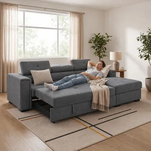 Canapé d'angle convertible méridienne droite RIO tissu gris