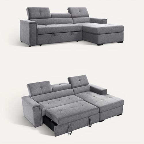 Canapé d'angle convertible méridienne droite RIO tissu gris