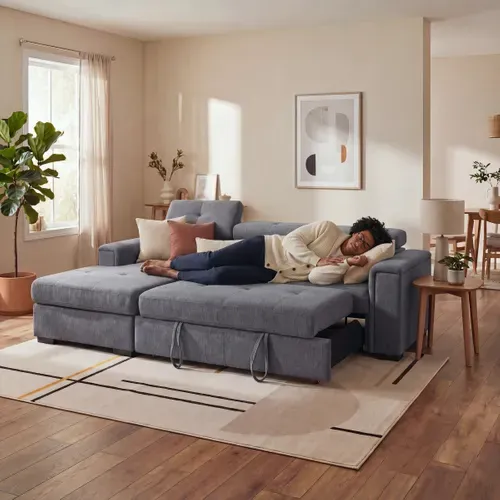 Canapé d'angle convertible méridienne gauche RIO tissu gris