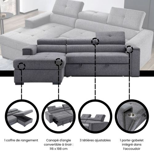 Canapé d'angle convertible méridienne gauche RIO tissu gris vue de profil