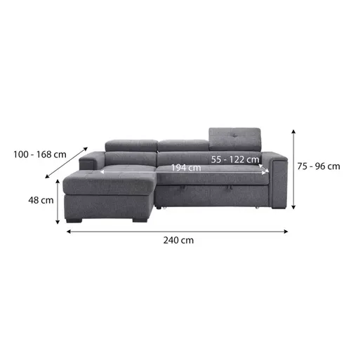 Canapé d'angle convertible méridienne gauche RIO tissu gris