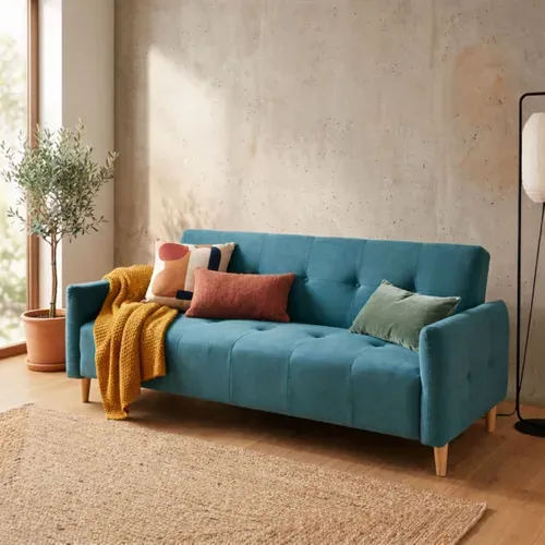 Banquette-lit clic-clac BIMBO 3 places en tissu bleu - couchage rapide vue d'ambiance 1