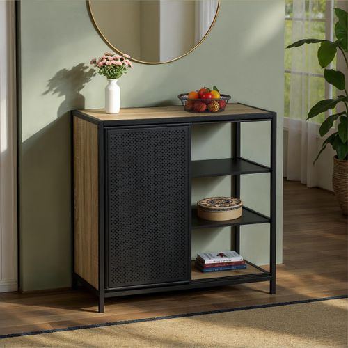 Rangement 1 porte coulissante OSKAR imitation chêne et noir