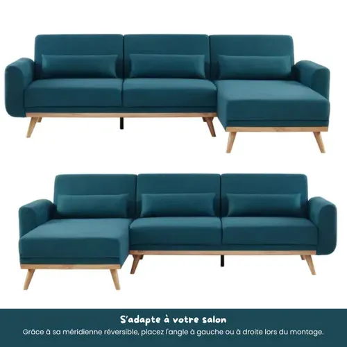 Canapé d'angle convertible méridienne réversible MARINE tissu bleu vue de profil