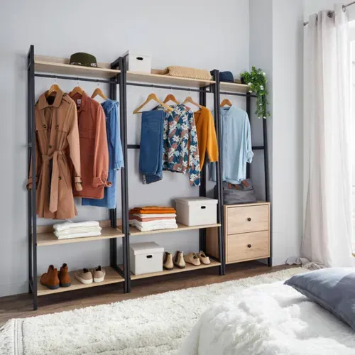 Kit dressing 2 étagères L.64 cm BONO imitation chêne et noir vue d'ambiance 1