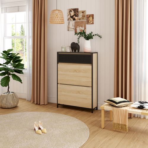 Meuble à chaussures 2 doubles abattants OSKAR imitation chêne et noir