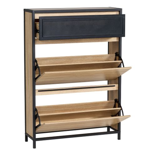 Meuble à chaussures 2 doubles abattants OSKAR imitation chêne et noir