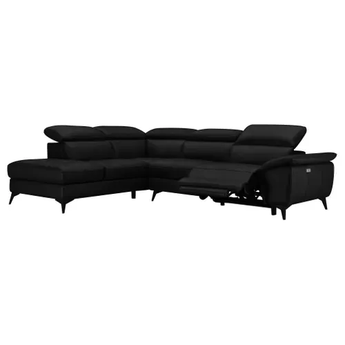 Canapé d'angle gauche relax électrique NEWPORT cuir buffle et croûte noir vue de profil