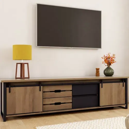 Meuble TV L.190 cm CAISSE imitation chêne et noir vue d'ambiance 1