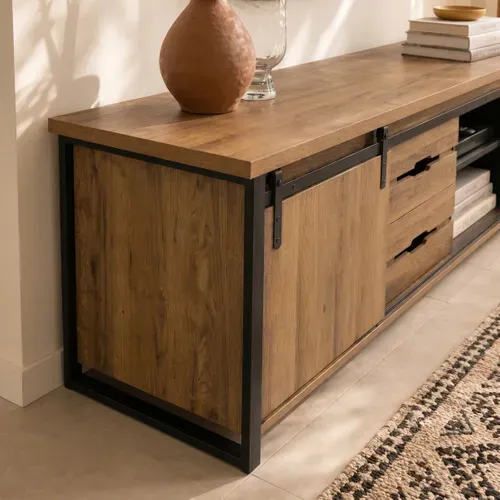 Meuble TV L.190 cm CAISSE imitation chêne et noir