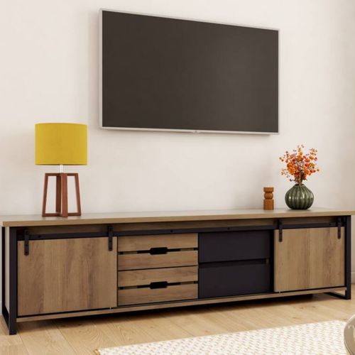 Meuble TV L.190 cm CAISSE imitation chêne et noir