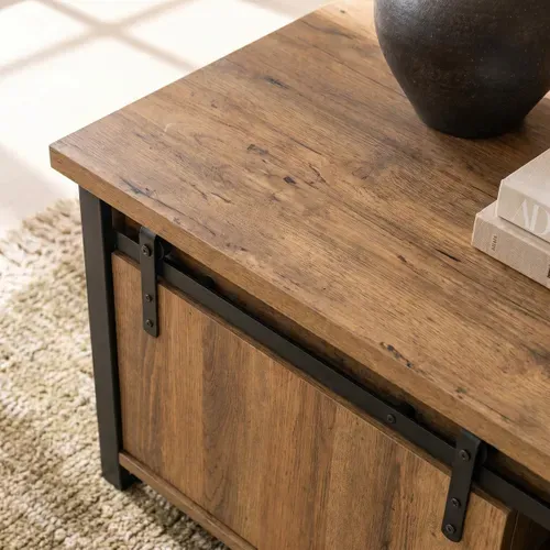 Table basse avec rangements CAISSE imitation chêne et noir