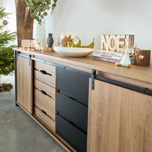 Buffet 2 portes 6 tiroirs CAISSE imitation chêne et noir