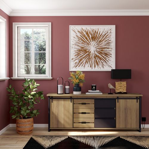 Buffet 2 portes 6 tiroirs CAISSE imitation chêne et noir