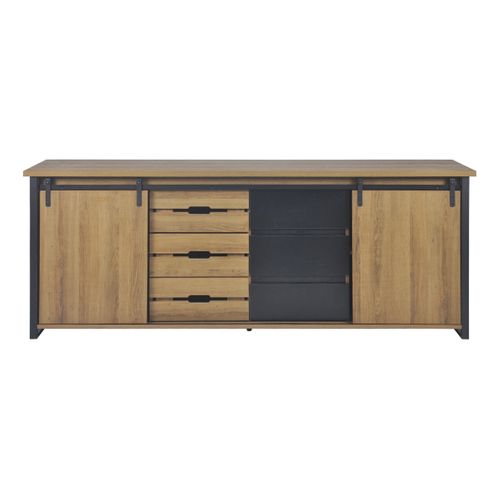 Buffet 2 portes 6 tiroirs CAISSE imitation chêne et noir