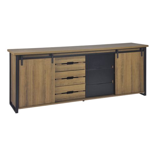 Buffet 2 portes 6 tiroirs CAISSE imitation chêne et noir