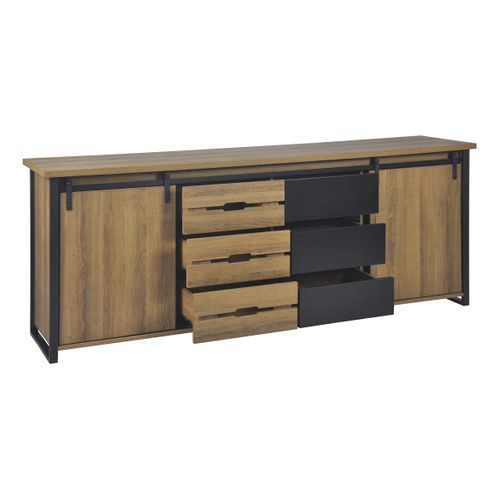 Buffet 2 portes 6 tiroirs CAISSE imitation chêne et noir