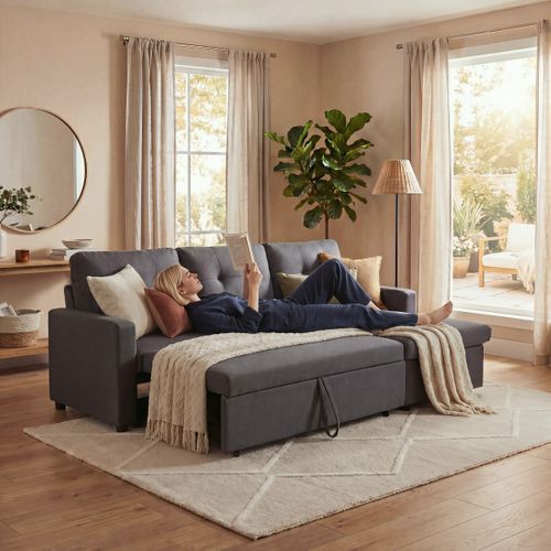 Canapé d'angle convertible méridienne réversible SYRA tissu gris foncé