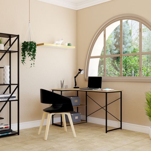 Bureau d'angle SHAPE imitation chêne et métal noir