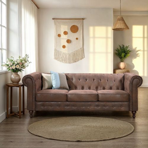 Canapé Chesterfield CHESS 3 places tissu Aspect cuir vieilli vue d'ambiance 1