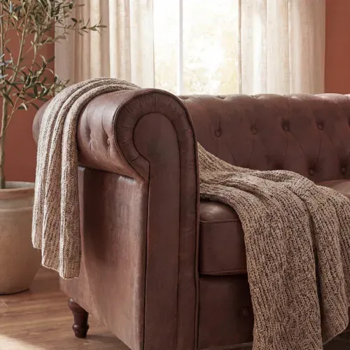 Canapé fixe Chesterfield CHESS 3 places en tissu tissu aspect vieilli marron