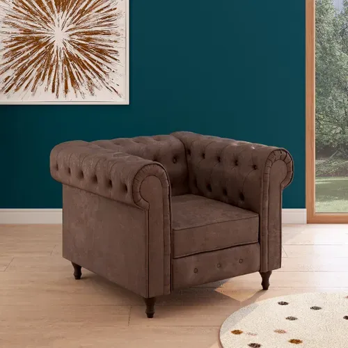 Fauteuil Chesterfield CHESS tissu Aspect cuir vieilli CHESS FT FIXE MARRON vue d'ambiance 1