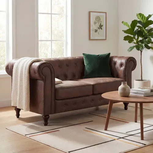 Canapé fixe Chesterfield CHESS 2 places en tissu aspect vieilli marron vue d'ambiance 1