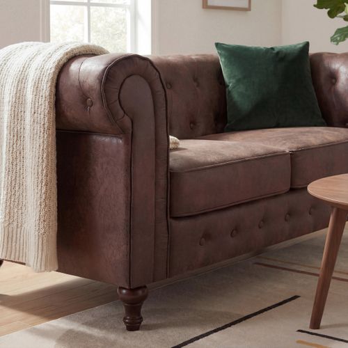 Canapé fixe Chesterfield CHESS 2 places en tissu aspect vieilli marron
