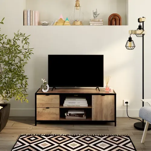 Meuble TV L.124 cm EVERGREEN 2 imitation chêne foncé et noir vue d'ambiance 1