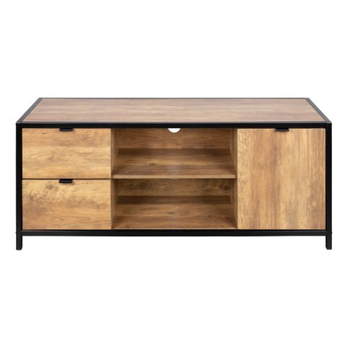 Meuble TV L.124 cm EVERGREEN 2 imitation chêne foncé et noir vue de face