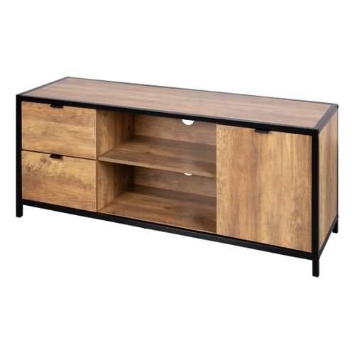 Meuble TV L.124 cm EVERGREEN 2 imitation chêne foncé et noir vue de profil