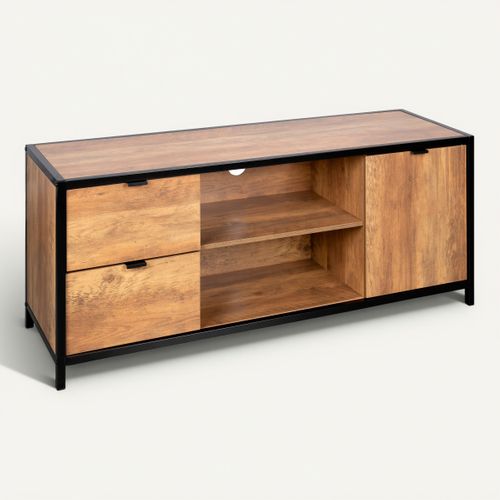 Meuble TV L.124 cm EVERGREEN 2 imitation chêne foncé et noir vue 3/4