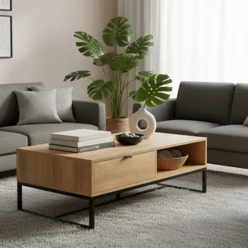 Table basse EVERGREEN 2 imitation chêne foncé et noir vue d'ambiance 1