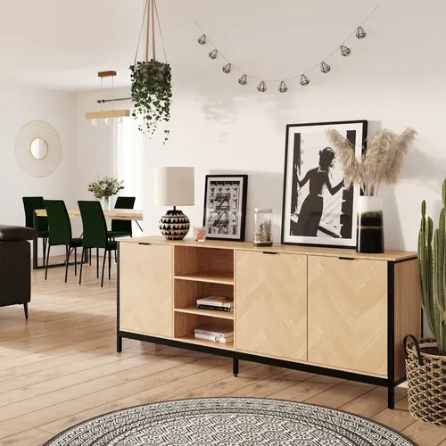 Buffet 3 portes L.195cm OMALLEY 2 Imitation chêne sonoma et noir vue d'ambiance 1