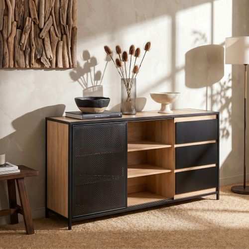 Buffet 1 porte 6 niches OSKAR imitation Chêne et noir vue d'ambiance 1