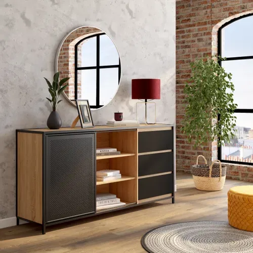 Buffet 1 porte 6 niches OSKAR imitation Chêne et noir