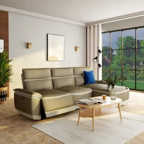 Canapé d'angle relax DOUGLAS angle droit cuir/tissu taupe vue d'ambiance 1