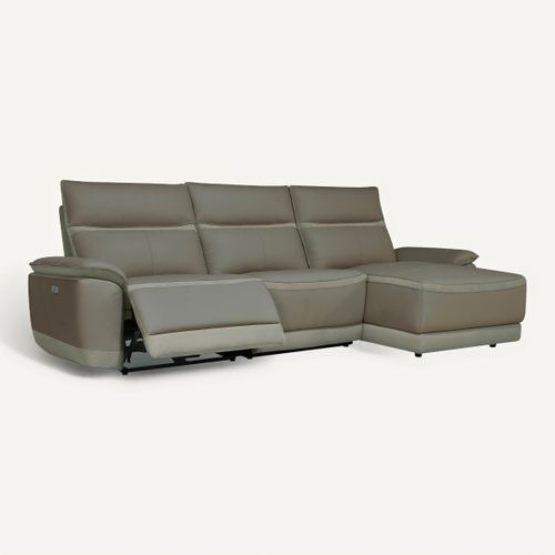 Canapé d'angle relax DOUGLAS angle droit cuir/tissu taupe vue 3/4