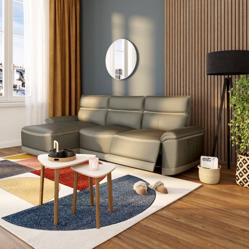 Canapé d'angle relax DOUGLAS angle gauche cuir/tissu taupe vue d'ambiance 1