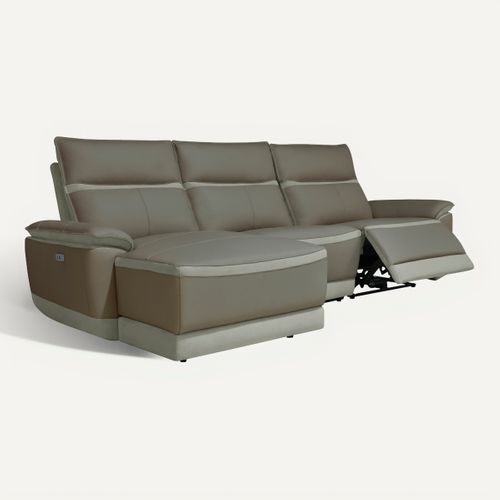 Canapé d'angle relax DOUGLAS angle gauche cuir/tissu taupe vue 3/4