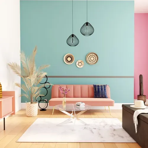 Banquette-lit clic-clac LILY 3 places en velours rose - couchage rapide vue d'ambiance 1