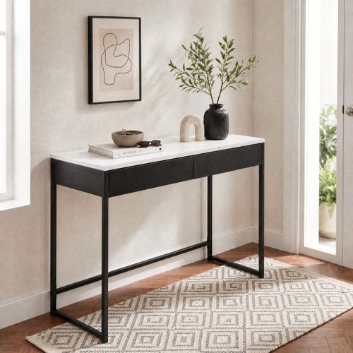Console 2 tiroirs L.110cm MINA imitation marbre et acier vue d'ambiance 1