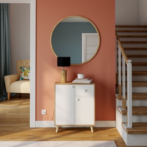 Rangement 2 portes 1 tiroir INGO blanc et imitation chêne