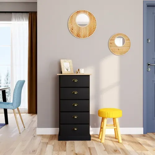 Chiffonier 5 tiroirs STANFORD noir et pin vue d'ambiance 1